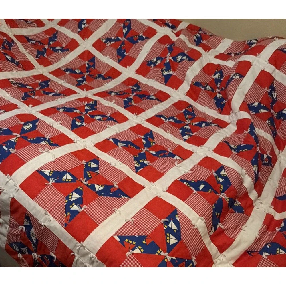 Vintage Estate Handmade Pinwheel Red Blocks Patchwork Quilt 94”x 80”. Beautiful!